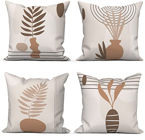 ASDCXZ Boho Kissenbezug 40x40 cm 4er Set, Modern Abstrakt Kunst Braun Blätter Beige Sofa Dekokissen Kissenbezüge Kissenhülle Waschbar Polyester Flachs Textil Outdoor Kopfkissenbezug Kissen Bezug