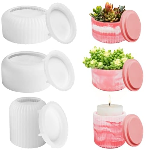 3 Stück Silikonform Kerzenhalter, Gießform Kerzenhalter Rund mit Deckel, Silikonform Schale für Beton Gießformen Gestreifte Silikon Form Vase für Blumentöpfe, Duftkerzen, DIY Harzguss