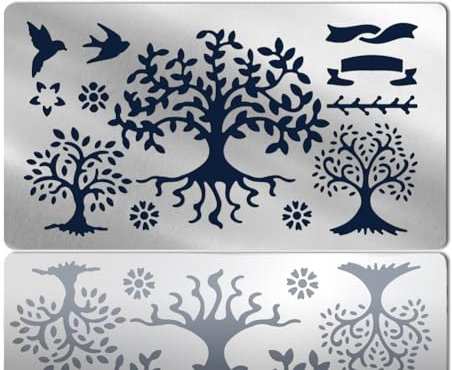 NBEADS Baum des Lebens Metallschablonen, 17.7x10.1cm Matte Edelstahl-Blätter-Schablonen Baumschablonen mit Vogelmotiv Wiederverwendbare Schablonen Journal Tool für Schnitzerei Malerei Brennen Gravur