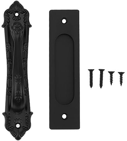 HERCHR Black Barn Door Handles, Rustic Door Handles Heavy Duty Sliding Door Handles Carved Door Pull Double Sided Hardware Set for Sliding Gate