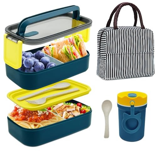 Koytoy Bento-Lunchbox mit Besteck, 2-lagig, auslaufsicher, mit isolierter Tasche und Flasche, Lunchbox mit Fächern, Lunchbox, Bento-Boxen für Kinder, Erwachsene, Schule, Büro, Picknick, 1400 ml, Blau