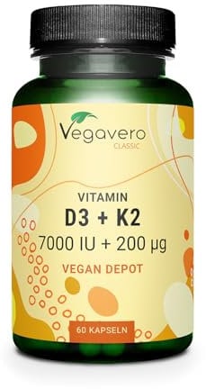 Vegavero Vitamin D3 7000 IU + 200 µg VIT K2 | 1 Year Supply | NO Additives | Vegan | High Strength Vitamins D3 K2 | 60 Capsules