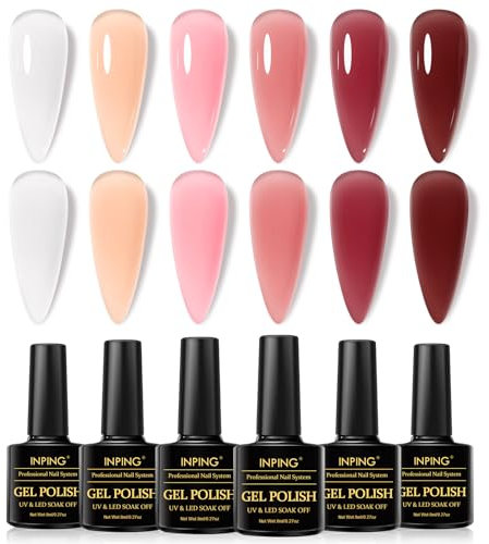 INPING Jelly Gel Nail Polish, 6 Colors Milky White Sheer Transparent Nude Pink Burgundy Red Maroon Autumn Winter Nail Varnish Soak Off UV/LED for Women Home French Manicure Nail Art Salon