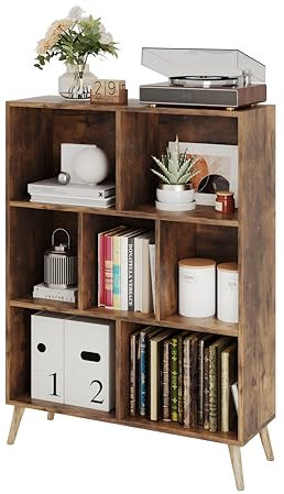 MUTUN Bücherschrank, Bücherregal mit 7 Fächern, Raumtrenner Regal, Würfelregal Weiß, Aktenregal, Stufenregal, Regalschrank, Manga Regal, Bücherregal Kinder, Braun