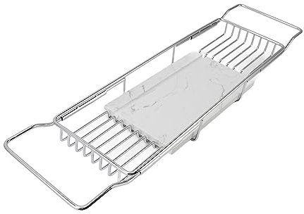FTVOGUE Badewannen-Caddy-Tablett mit Erweiterbaren Regalen, Badewannen-Serviertablett aus Marmor und Edelstahl, Einziehbares Design (Silberweiß)