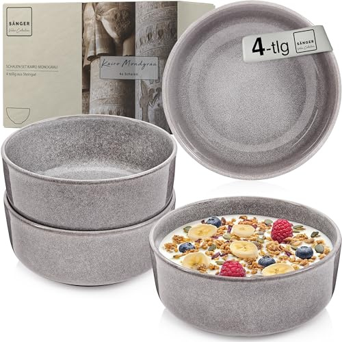 SÄNGER Kairo Mondgrau Steingut Schüssel Set 4 teilig, Müslischalen | für 4 Personen, Schalen, kratz- mikrowellen- spülmaschinenfest, Kleine Schüsseln Dunkelgrau Schalen 800 ml
