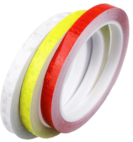 3 Rouleaux 1cm×8m Ruban Autocollant Fluorescent, Ruban Réfléchissant,Bande Reflechissante,Autocollants Réfléchissants Stickers,pour Vélo,casques,Moto(Rouge, Jaune, Blanc)