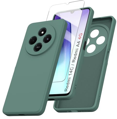 ARRYNN Funda para Xiaomi Redmi 14C 4G (6.88) con Cristal Templado Protector de Pantalla,Verde Ultra Slim Protectora Funda de Silicona Líquida Suave Case Cover - Verde1