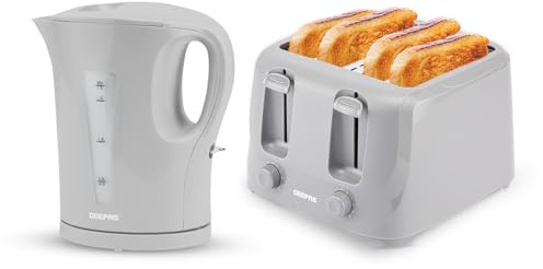 Geepas Cordless Electric Kettle & 4 Slice Bread Toaster Kitchen Combo Set | 1.7L 2200W Fast Boil Kettle |1400W Fast Toaster with 6 Level Browning Control | 2 Year Warranty, Grey