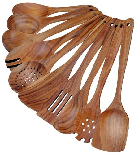 comfoyar Teck Ustensiles de Cuisine Bois, Set de 10 Cuillère en Bois pour la Cuisson avec Spatula et Ladle, Résistance à la Chaleur Convient pour Poêles Antiadhésives