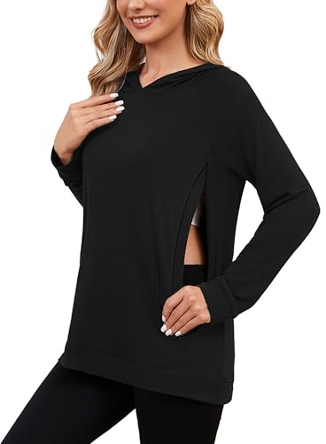 Love2Mi Damen Still-Hoodie mit unsichtbarem Reißverschluss Umstandspullover Langarm Stillshirt für Schwangerschaft & Stillzeit