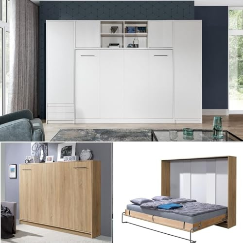 QMM Schrankbett Wandbett Wandklappbett horizontal HB 140x200 mit 2 Schränken & Aufsatz weiß, Eiche Sonoma Schlafzimmer komplett Set (Eiche Sonoma)