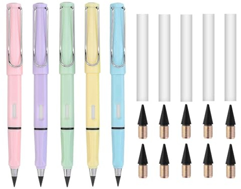 Altaroo 5 Stück Bleistifte, Ewiger Bleistift 5 Farben, Unendlicher Bleistift mit Radiergummi, 10 Wechselkopfm, Metall Unendlicher Pencil zum Schreiben und Zeichnen für Kinder und Erwachsene