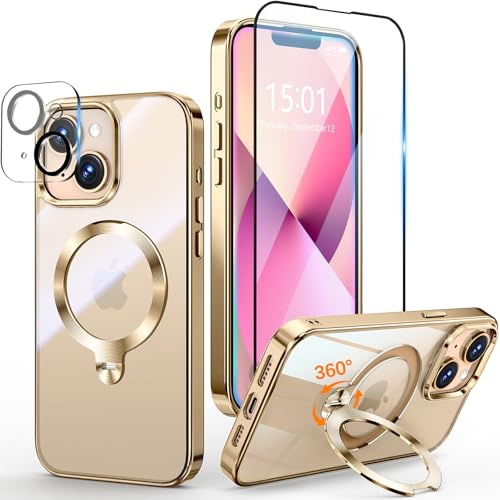 Yoouther 3 in 1 Magnetische Hülle für iPhone 13/14 6.1 [360° CD Unsichtbarer Drehständer für MagSafe] [Mit Stück Schutzfolie & Kameraschutz] [Nie Vergilbung] Militärschutz Stoßfest, Gold