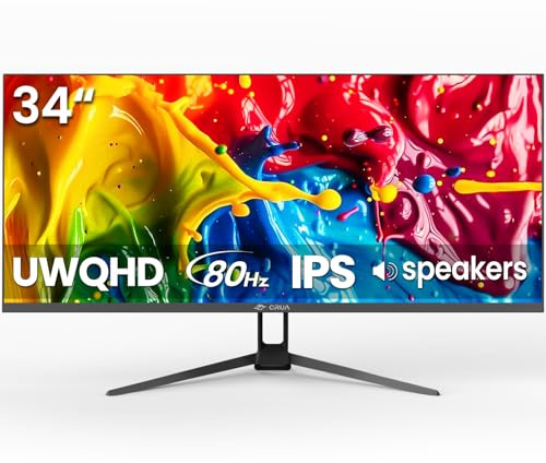 CRUA 34 Ultra Wide Gaming Monitor, 21:9 UWQHD 3440 x 1440 80Hz IPS Monitor with Built-in Speakers, Supports FreeSync, 120% sRGB, Blue Light Filter, HDMI 2.0 and DP 1.4, Wall Mount