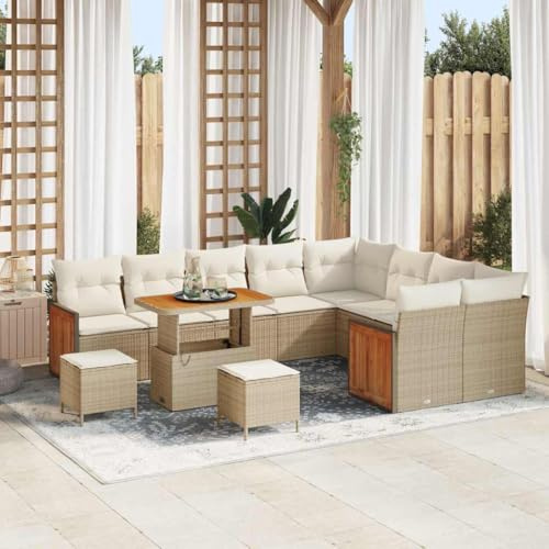 QJBSAVVA Gartensofa Set 12-TLG Beige 90x55x71 cm Polyrattan Akazienholz Modernes Outdoor Lounge Möbel mit Eckbank & Tisch für Terrasse Balkon Garten