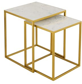 ASPECT Marche Marble Nest of 2 Tables in White with Gold Metal Bases