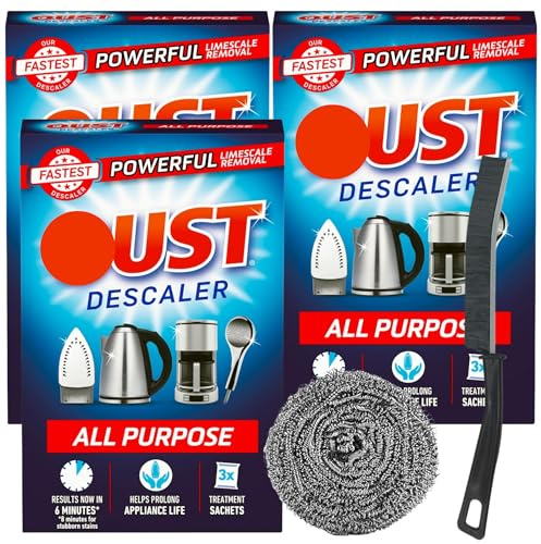 3x All Purpose Descaler Liquid for Washing Machine, Dishwasher, Kettle & Coffee Machine | Limescale Remover & Kettle Cleaner | Bundle with Crevice Cleaning Brush & Stainless Steel Scourer