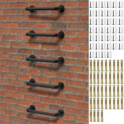 Escalera montada en la pared, 1 peldaño de acero resistente, paquete de 5 para ventana de sótano y salida, capacidad de 700 libras, recubrimiento en polvo negro, incluye anclajes de pared de madera y