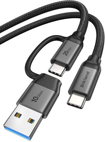 Silkland USB-C Datenkabel 3M 20Gbps USB-C 3.2 Gen 2×2 PD3.1 240W 5K/4K@60Hz | USB-A 3.1 Gen 2 Kabel 10Gbps 3A Laden, 2 in 1 Kabel für MacBook Pro, iPad Pro, SSD, iPhone 18 17 16 15 Pro Max, Docking, Hub