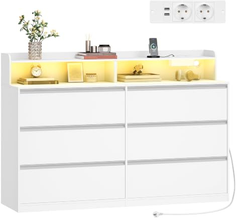 Hzuaneri Kommode mit LED-Beleuchtung, 6 Schubladen, 40 x 140 x 95 cm, Weiß | Moderner Seiten-Schrank, Mehrzweck-Aufbewahrungsmöbel für Schlafzimmer, Wohnzimmer, Eingangsbereich, 1214003XEU