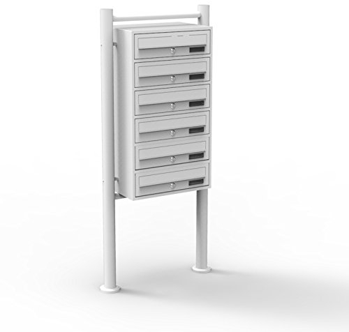 Wiltec 6er Briefkastenanlage weiß 270 x 513 x 1500 mm, Standbriefkasten mit 6 Fächern, Schlüssel und Namensschild, Briefkasten Postkasten mit Ständer