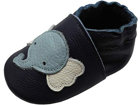 YIHAKIDS Krabbelschuhe Baby Weiche Leder Lauflernschuhe Kleinkind Lederschuhe Hausschuhe Babyschuhe Lederpuschen Lernlaufschuhe Mokassins(Size S, Dunkelblau Elefant, 0-6 Monate, 19/20 EU)