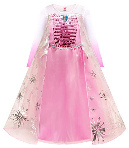 Eleasica Ragazze Abito da Principessa Elsa Bambine Regina di Ghiaccio Costumi e Travestimenti Corona Bacchetta Magica Vestito per Cosplay Regalo di Compleanno Natale,Rosa,150