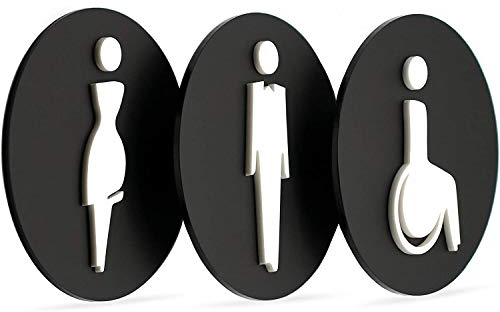 Signs - Elegant, Set 3x- Plaque signalétique Toilette Homme Femme Handicapé - Pancarte Toilette pour porte toilettes autocollant - Signaletique Toilettes Femme Plaque handicapé (Prime Ronde - Noir)