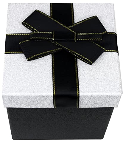Emartbuy Gift Box, 11.5 x 11.5 x 12.7 cm, Black Box with Silver Glitter Lid and Black Ribbon