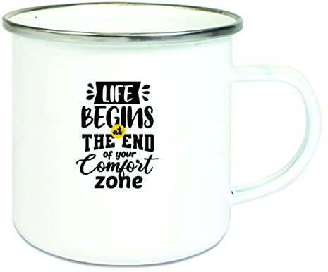Crealuxe Emaille Tasse Life begins at the and of your comfort zone - Kaffeetasse mit Motiv, Campingtasse, bedruckte Emailletasse mit Wunschtext