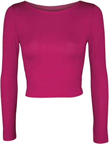 Womens Crop Long Sleeve T Shirt Ladies Short Plain Round Neck Top Ladies Fitness Workout Running T Shirts Plain Cropped Tops (Cerise UK 8-10)