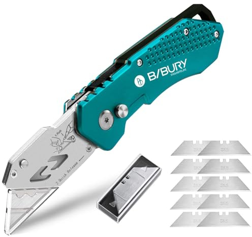 BIBURY Universalmesser, Universal Klappmesser, Tragbares Teppichmesser, Cuttermesser mit 10 Extra SK5 Edelstahlklingen, Easy Release Button, Gürtelclip, Quick Change, Für Teppich, Tapeten & Karton