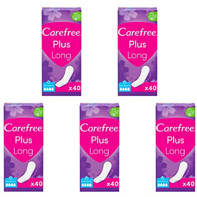 Carefree Slipeinlagen Plus Long mit leichtem Duft (5 x 40 Stück), super saugstarke & extra lange Slipeinlagen, um Flüssigkeiten sofort einzuschließen, Größe Long