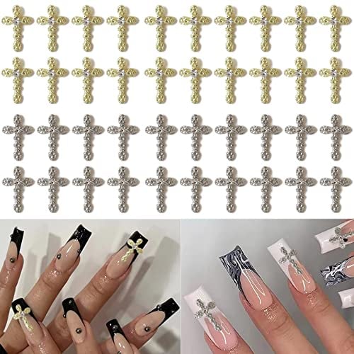 RUNRAYAY 40Pcs Cross Nail Charms, Gold & Silver 3D Metal Retro Punk Nail Charms, Cross Shape Nail Decoration for Women Girl Nail Art Decor