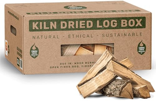 Green Olive Firewood - Kiln Dried Hardwood Logs - Kindling Wood with Eco carboard packaging - Logs for Fire Pit - Pizza Oven Wood - Fire wood less than 20% moisture (1 Box | 20L)