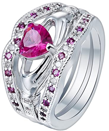 BCughia Zirkonia Ring, Verlobungsring Vintage Silber Kupfer Rosenrot Herzschliff Claddagh Ring Hand Herz Vorschlag Ring Geschenke für Damen Größe 54 (17.2)