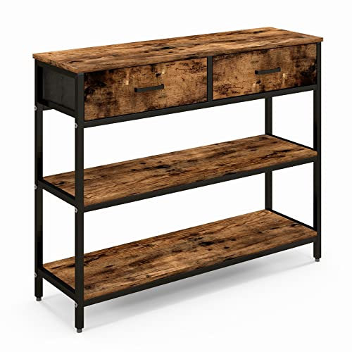 COSTWAY Table de Console Industrielle à 3 Niveaux AVCE 2 Tiroirs Pliables en Tissu, Meuble d'Entrée Cadre en Métal avec 2 Kits Anti-basculement, Marron Rustique, 100 x 30 x 80cm