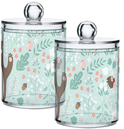 linqin Qtip Halter für Wattestäbchen, Badesalz, Wattestäbchen, runde Baumwolle, transparent, Kunststoff, mit Deckel, für Badezimmer, Wattestäbchen-Halter, Tiere, Wälder, Kosmetik-Organizer, Behälter,