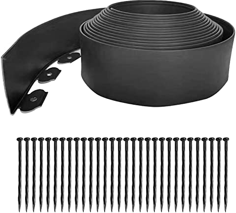10 m Garteneinfassung, Kunststoff-Raseneinfassungen mit 30 Spikes, 10 cm hoch, flexibles Garteneinfassungs-Set für Rasen, Garten, Hof (schwarz)