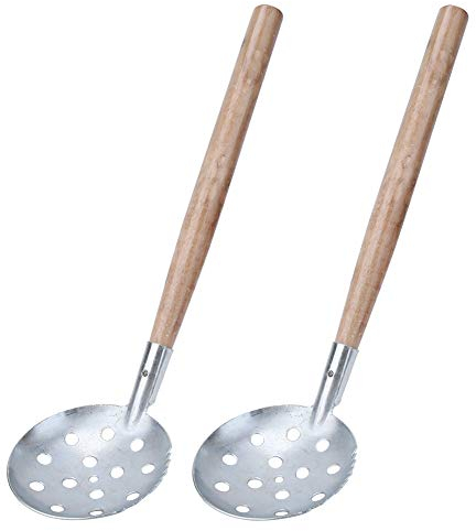 Cuchara de pesca, 2 piezas Cuchara de pesca en hielo de invierno Mango de madera plateado Hierro Espumadera de pesca en hielo de invierno Cuchara dentada Pescador Accesorio para sacar hielo mientras p