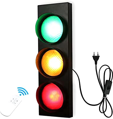 VOMI Retro LED Ampel Wandleuchte mit Fernbedienung, Vintage Industrielampe Verkehrszeichen Kinder Verkehrsampel Einstellbar Rot/Gelb/Grün Effektlampe Max 15W Wandlampe mit EU Stecker Kabel