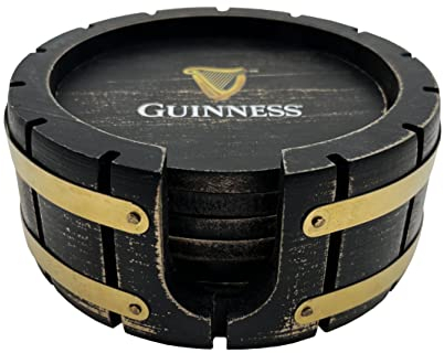 Guinness - Set di 4 sottobicchieri con supporto, design a botte di birra, in legno, perfetti per bar e feste di casa