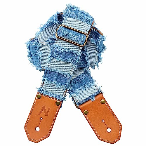 Nefelibata Gitarrengurt, blaue Quaste Denim Gitarrengurte mit verdickten ersten Schicht pflanzlich gegerbtem Rindsleder Enden für akustische, Bass, elektrische, Geschenk für Gitarristen und Musiker