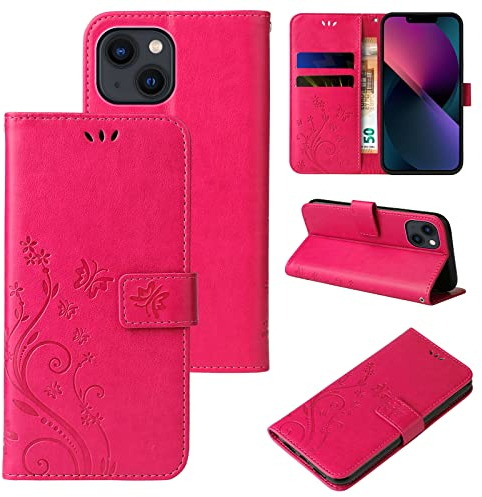LBH Funda para Apple iPhone 13, diseño de mariposas, flores, función atril, magnética, protección completa de 360 grados, color rosa