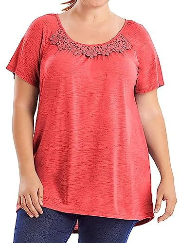 QUINTRA Damen-Tunika-Oberteil in Übergröße, einfarbig, Mehrfarbig, Slub-Häkelbesatz Modeschmuck Ketten (Red, XXL)
