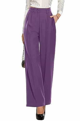 PrinStory Damen Hose Mit Weitem Bein Leichte Elastische Taille Sommer Hose Mit Taschen Kausale Büro Business Hosen (Violett, 44-46)