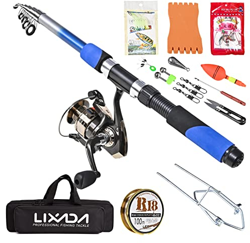 Angelruten-Rollensatz,KOCAN Angelgerät Set mit 2.1m Teleskop Fiberglas Angeln Sea Rod Spinning Angelrolle Angeln Köder Haken Angeln Tasche Kit Meerwasser Süßwasser Professional Travel Angelrute Rod Se