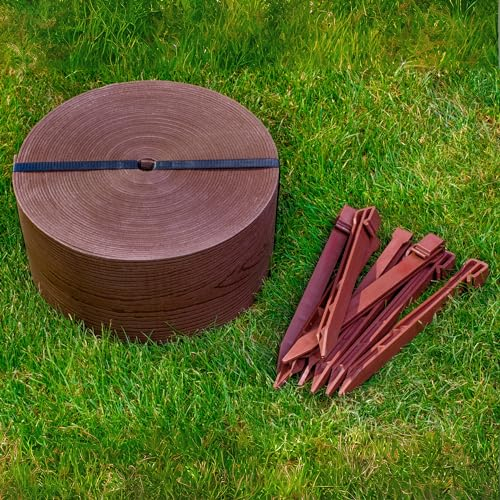 UNIGARDIA Bordure de Jardin Flexible 20m avec 40 piquets d'ancrage - Hauteur 13cm, Épaisseur 3mm - Bordure de Gazon en Plastique - Bordure de Pelouse résistante aux UV, Marron avec Décor en Bois