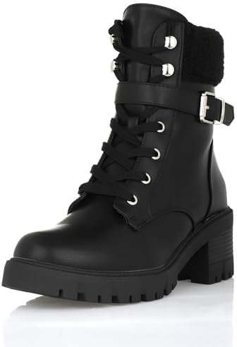 Queentina Damen Stiefelette Schnürer Reißverschluss Schnalle B2771-KB Black-38